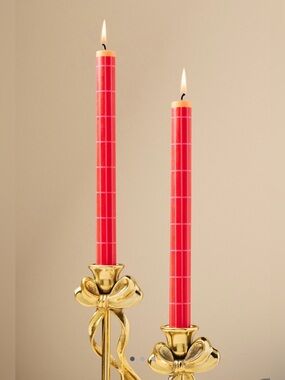 Anthropologie Red Grid Taper Candles with Gold Bow Holders